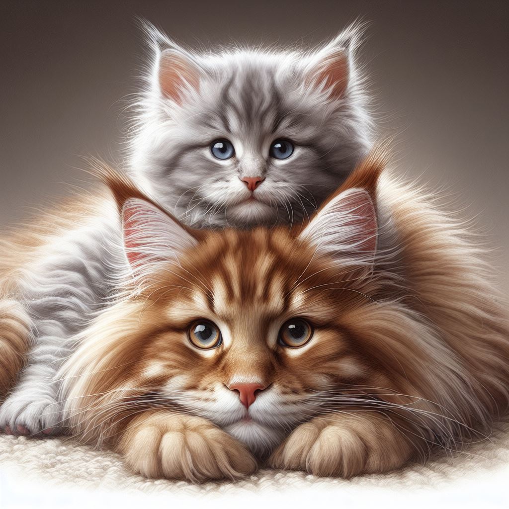 Maine Coon Kitten and Adult Cat